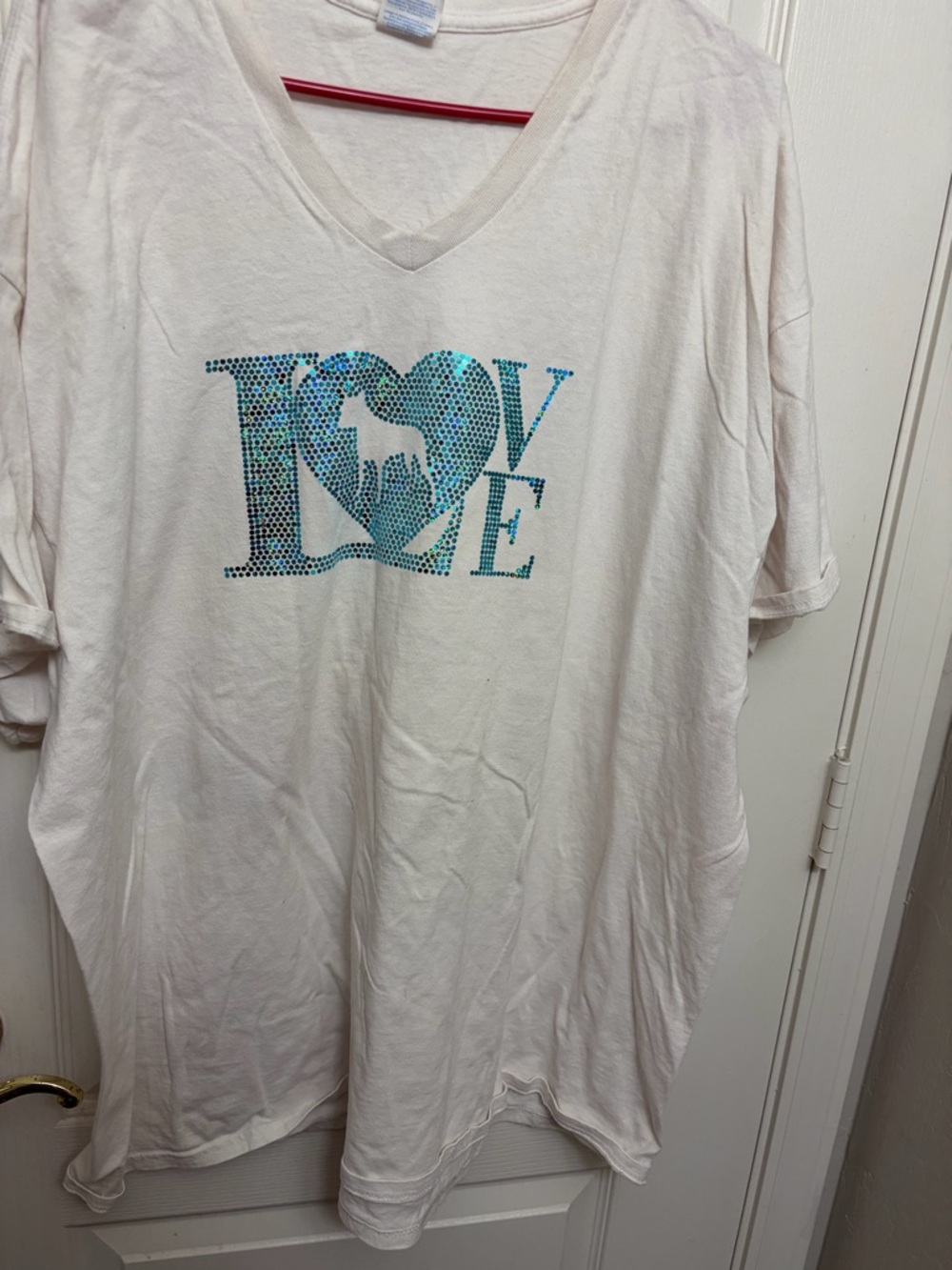Port and Company White V-Neck Tee with Teal Holographic LOVE Graphic